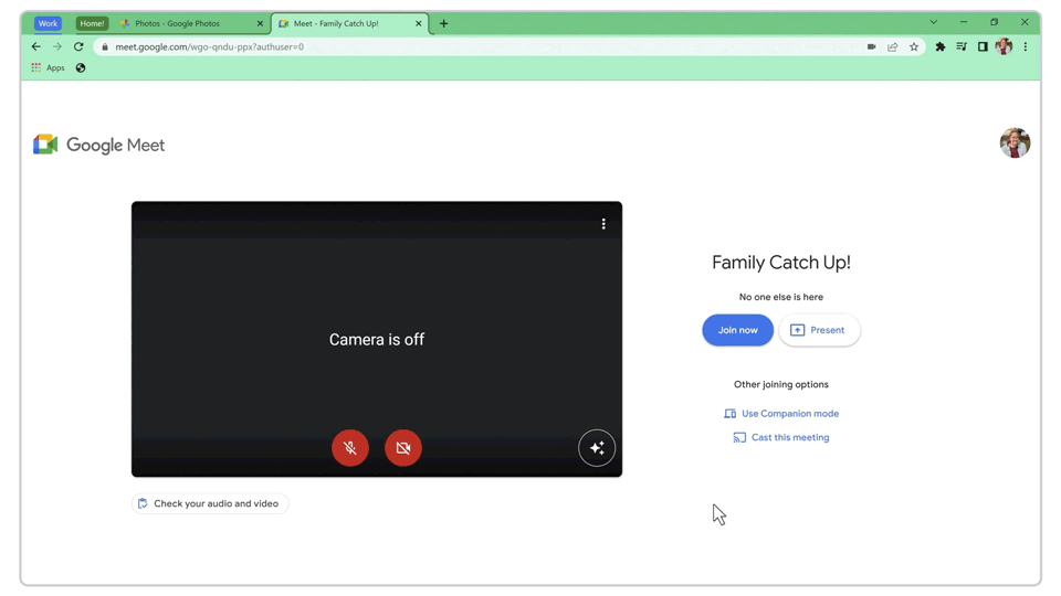 A Chrome browser window is shown with a Google Meet tab titled “Family Catch Up!” on the screen. The camera and microphone are turned off.  A cursor navigates to the Chrome search bar, and clicks on the lock icon on the left. The site permissions menu is opened and the cursor toggles on the settings for camera, microphone, and notifications.