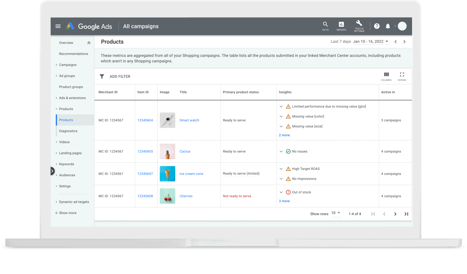 Desktop UI of product-specific insights on the Google Ads products tab