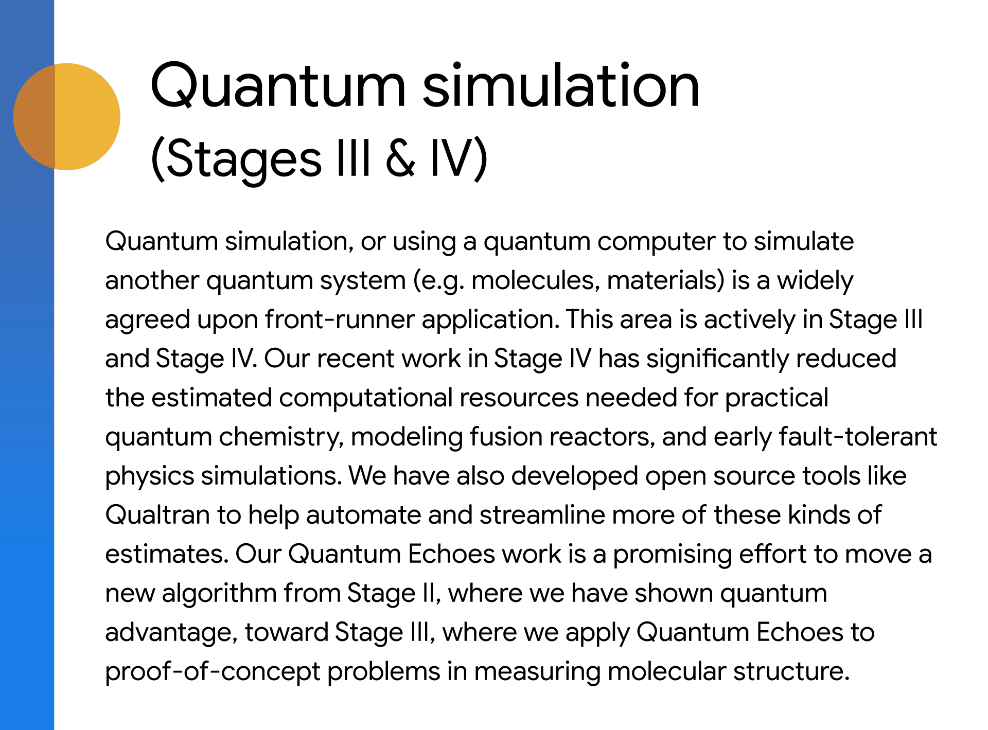 Title: Quantum simulation (Stages III & IV). Text details research progress, including reduced computational resources for quantum chemistry and fusion reactor modeling (Stage IV), and the development of open-source tools like Qualtran and the Quantum Echoes algorithm.