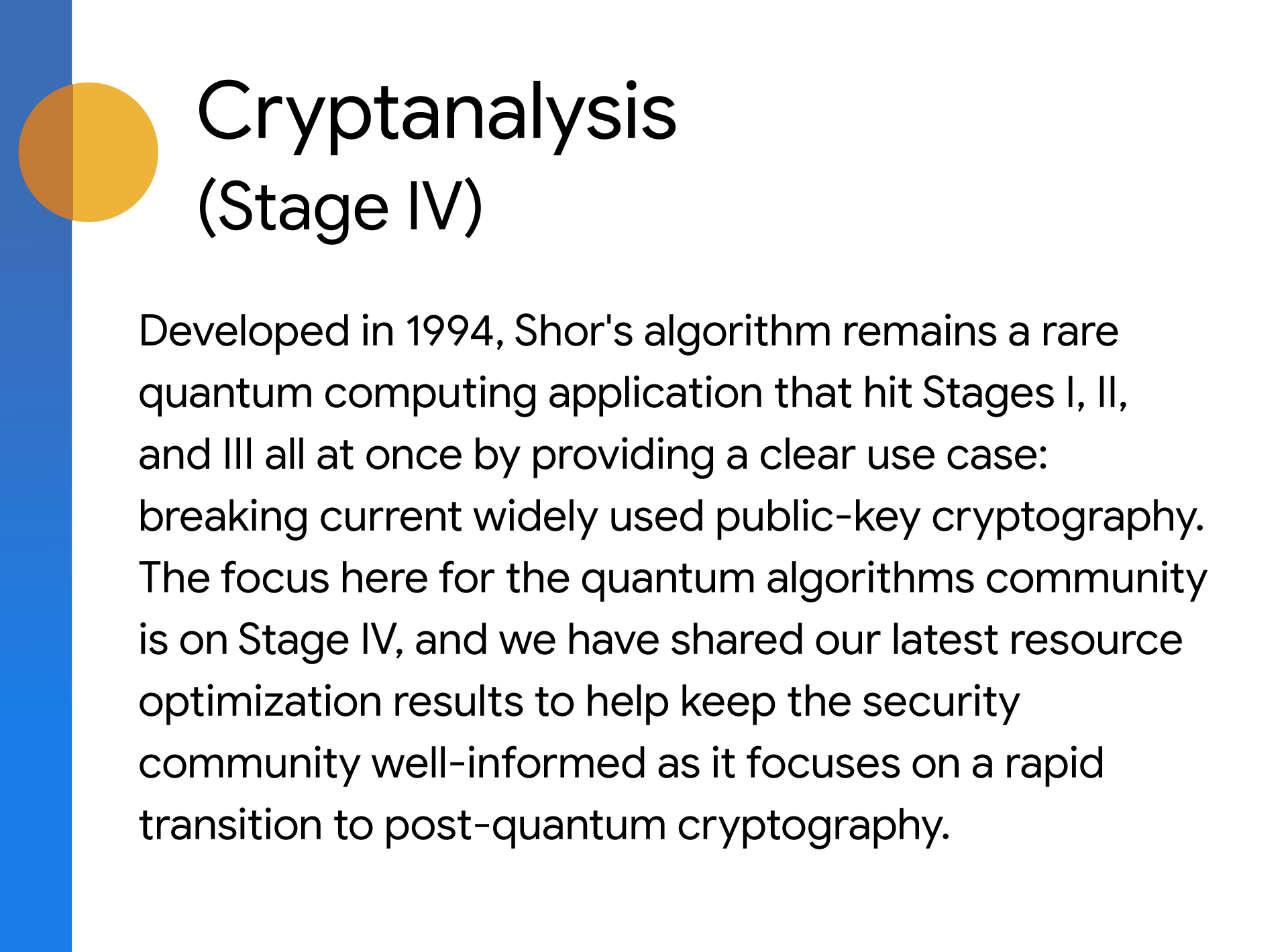 Slide titled "Cryptanalysis (Stage IV)" with a blue vertical bar and an orange circle graphic. Text discusses Shor's quantum algorithm breaking current public-key cryptography and the focus on Stage IV for the transition to post-quantum cryptography.