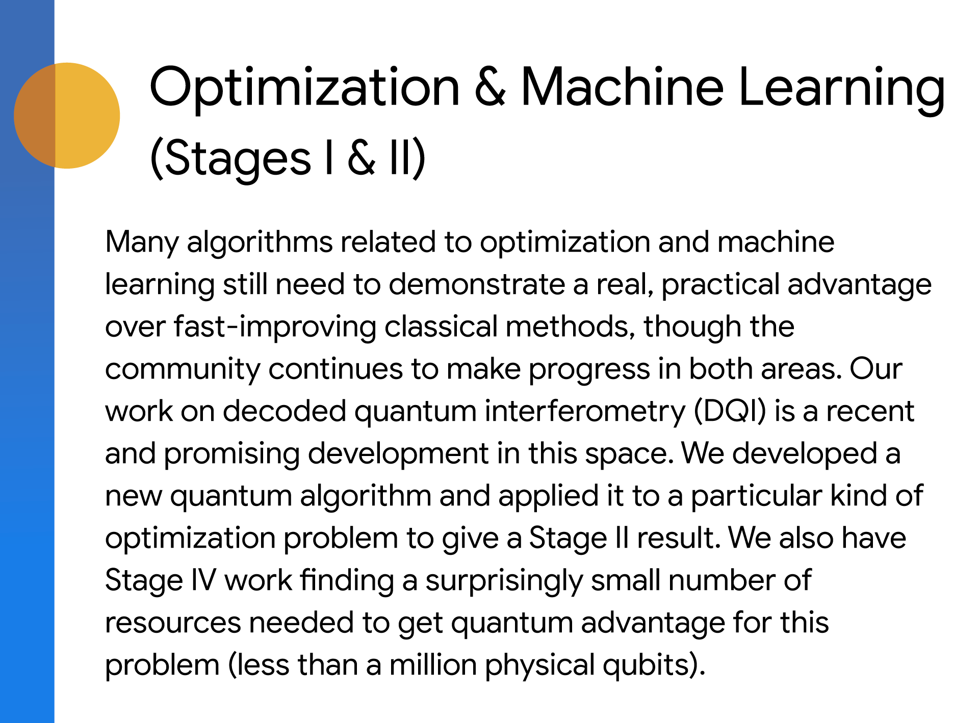 Presentation slide titled "Optimization & Machine Learning (Stages I & II)." The accompanying text details work on a new quantum algorithm and decoded quantum interferometry (DQI), reporting Stage II and Stage IV results, and finding that quantum advantage requires less than a million physical qubits.