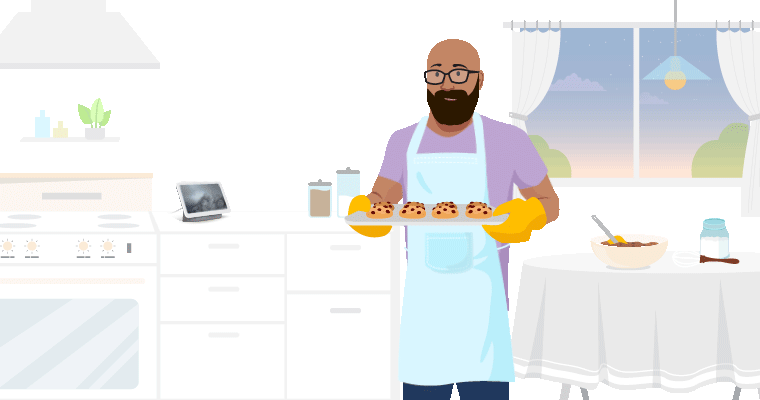 GIF of a man baking cookies with a speech bubble saying “Set a timer for 10 minutes.” His Google Nest Hub Max responds with a speech bubble saying “OK, 10 min. And that’s starting…now.”