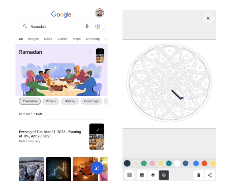 A screenshot from Google Search result for ‘Ramadan’, where a family is gathered for Iftar (dinner) as well as a video of the Ramadan Colouring Book on Google Arts & Culture which includes art pieces from artists for an interactive colouring experience