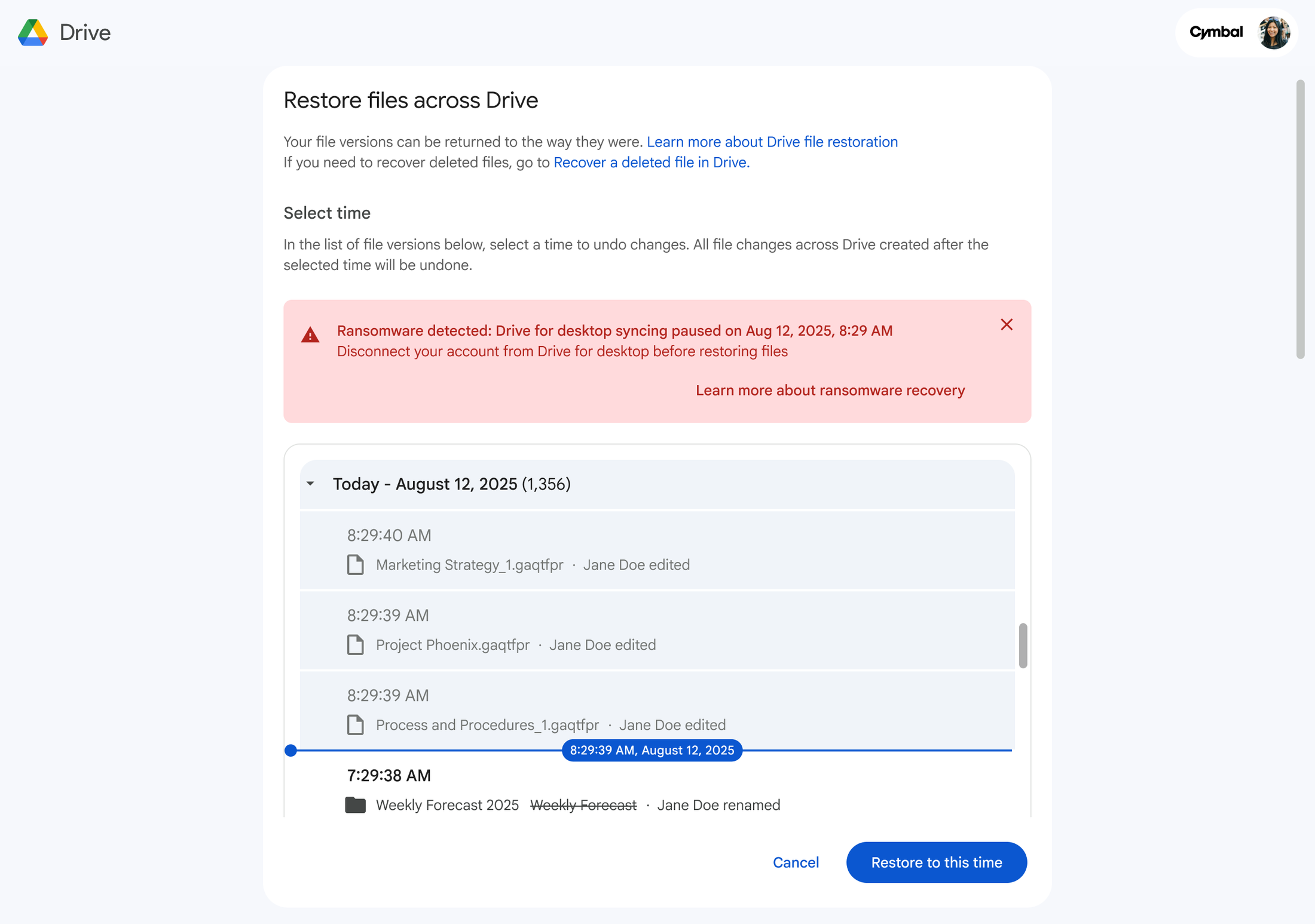 An interstitial screen in Google Drive outlines instructions to restore the impacted files in Drive