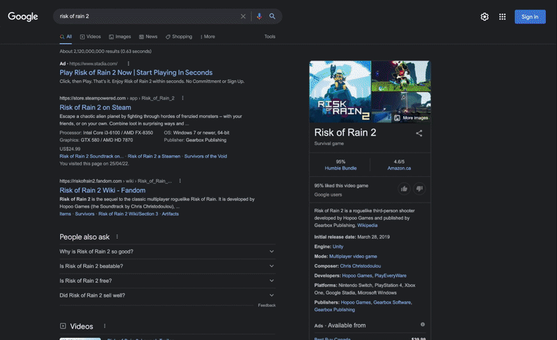 A GIF shows a mostly black and blue video displaying a Google search results page transforming into quick gameplay on Stadia in Risk of Rain 2 with a character fighting purple enemies.