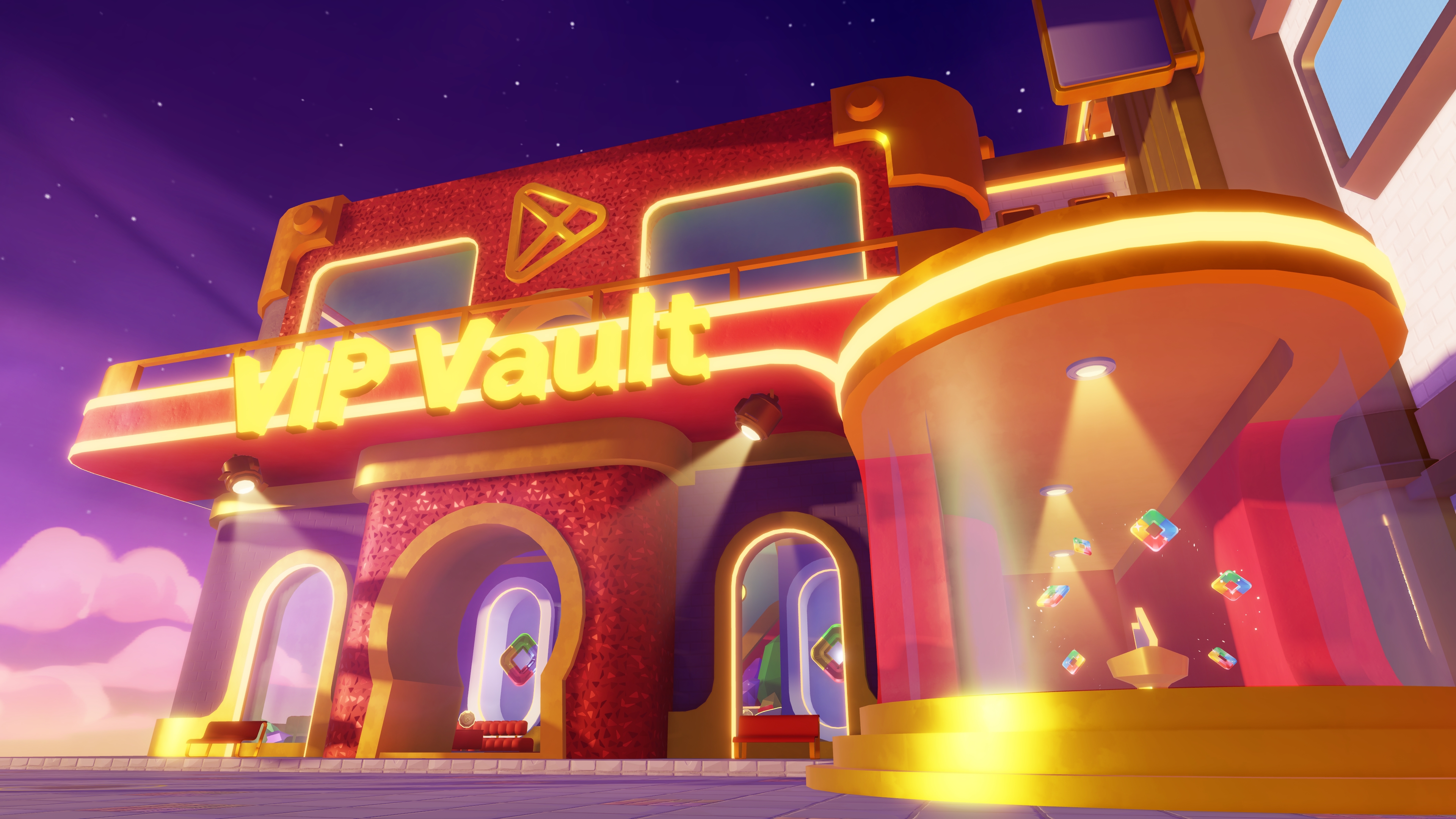 Red building that says "VIP Vault" on it