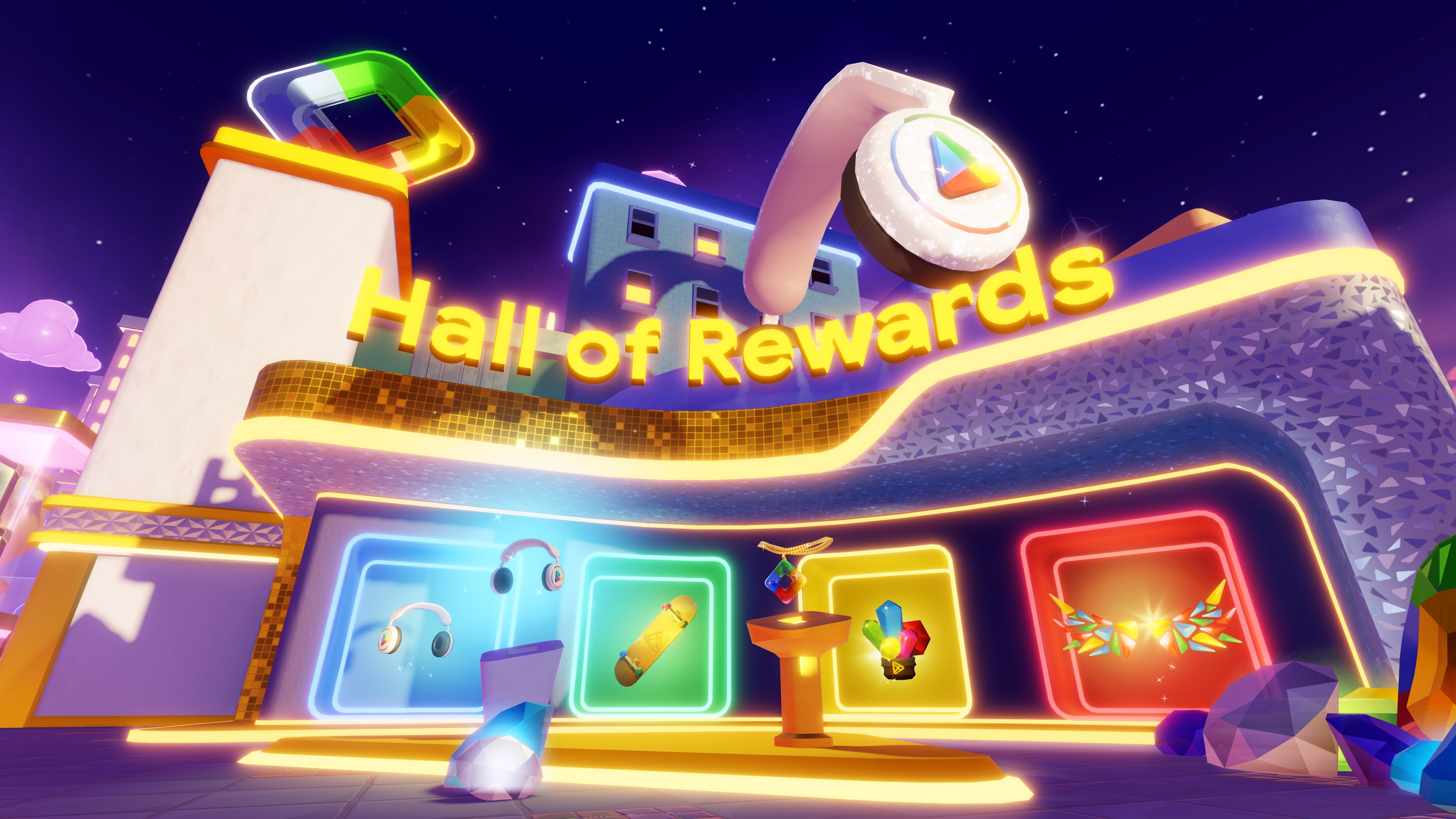 Purple building that says "Hall of Rewards" with colorful windows