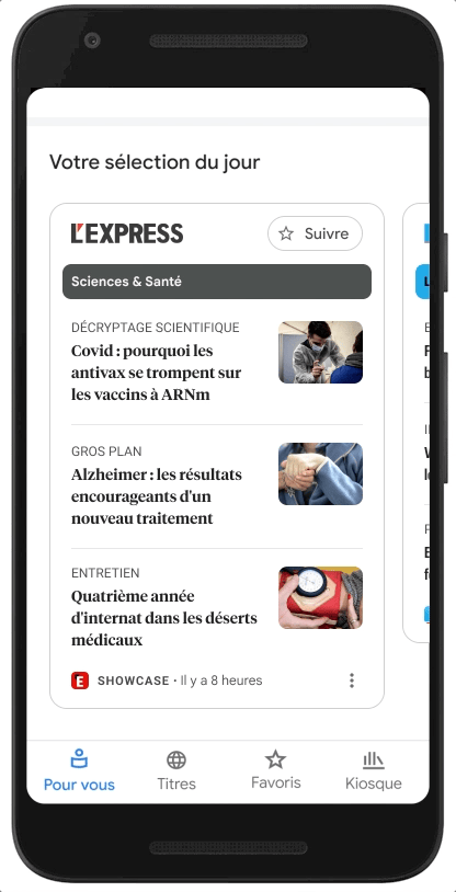 A moving image GIF that shows mobile versions of news showcase tiles, with images at the top and headlines listed below