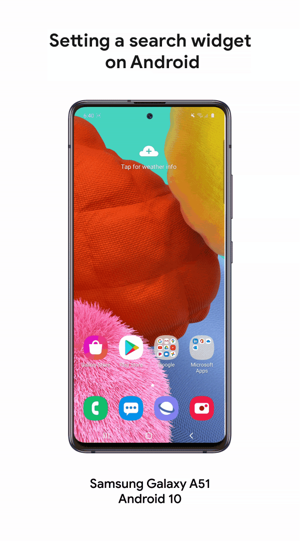 Setting a search widget on Android. Samsung Galaxy A51 running Android 10 showing Bing widget being set up