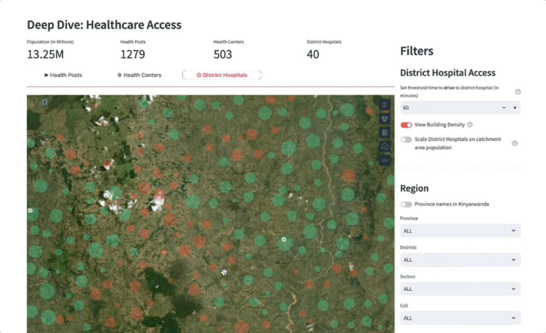 Image depicting the Healthcare Investment Planning tool visualizing travel time and potential clinic locations