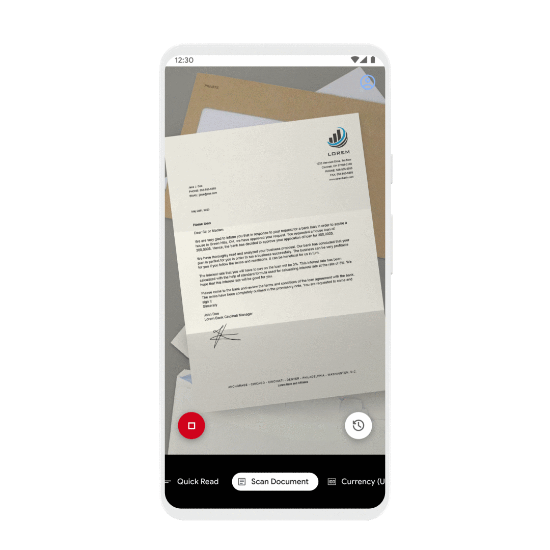 Using a phone's camera to snapshot a printed letter. After the user takes action, the text of the printed letter is digitized to be read aloud by a screen reader.