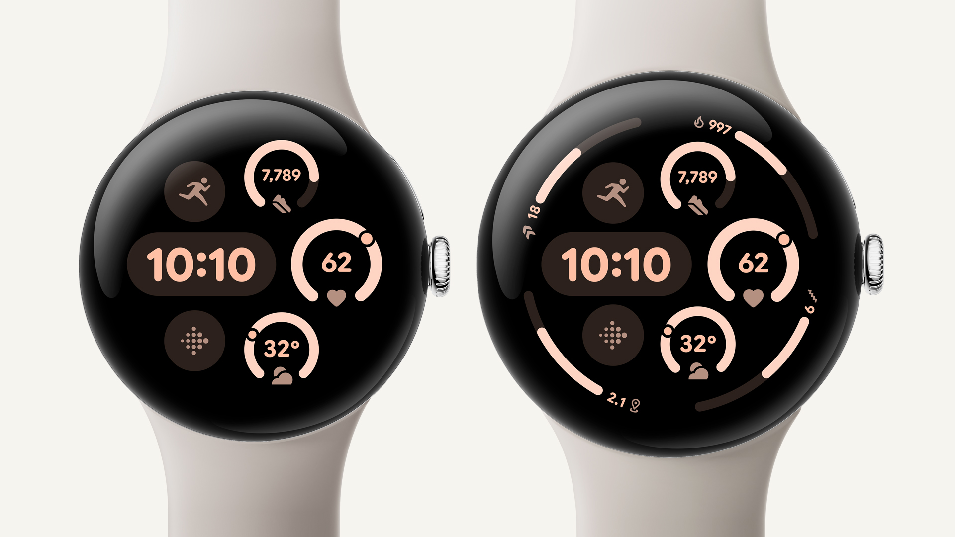 Side-by-side comparison of the 41mm and 45mm Pixel Watch 3 sizes