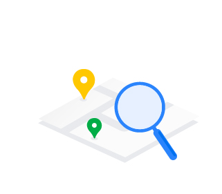Points de localisation et une loupe représentent notre moteur de recherche et Google Maps