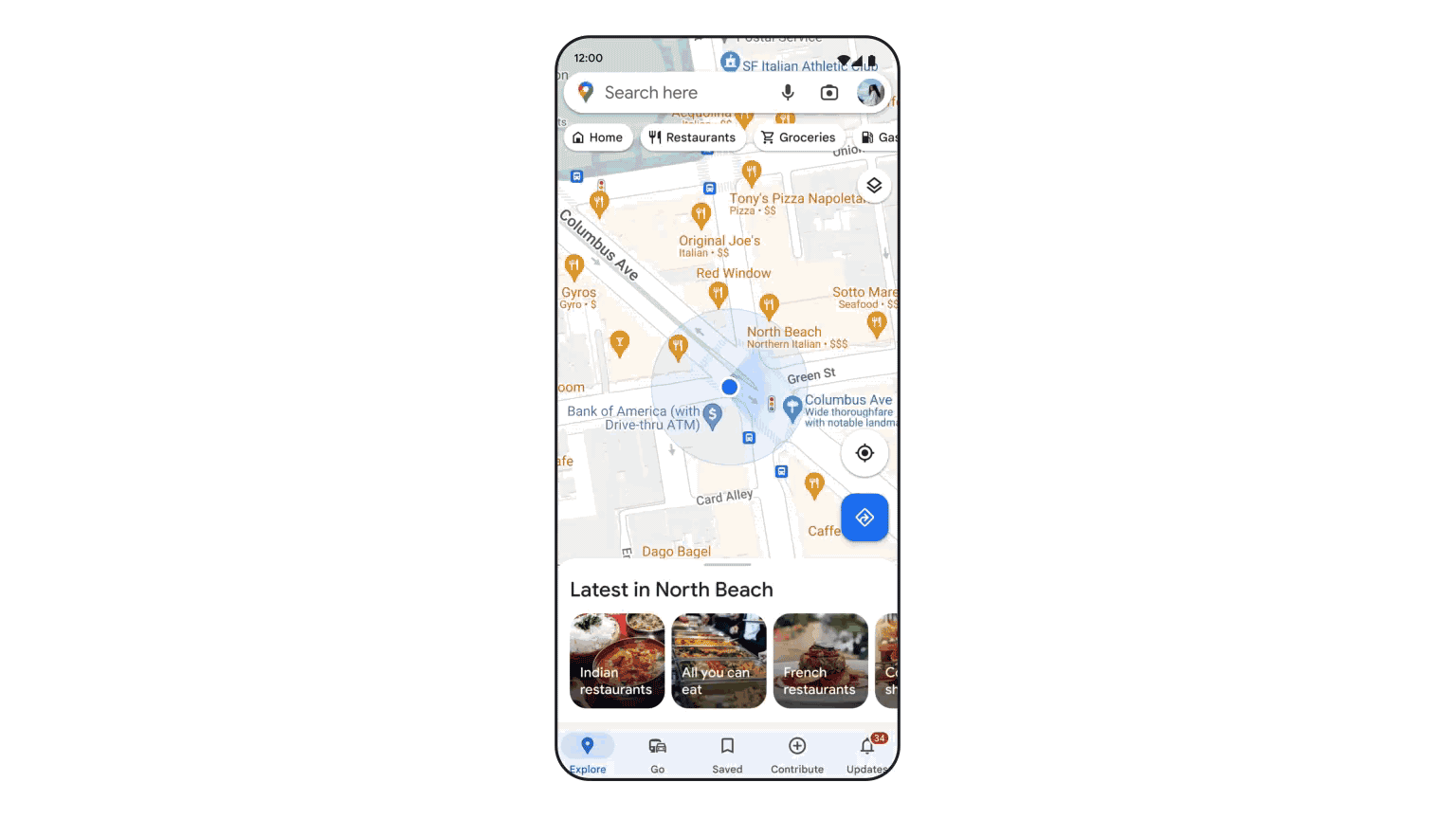 GIF of search with Live View, which shows how you can lift your phone to find places like ATMs overlaid on top of the map