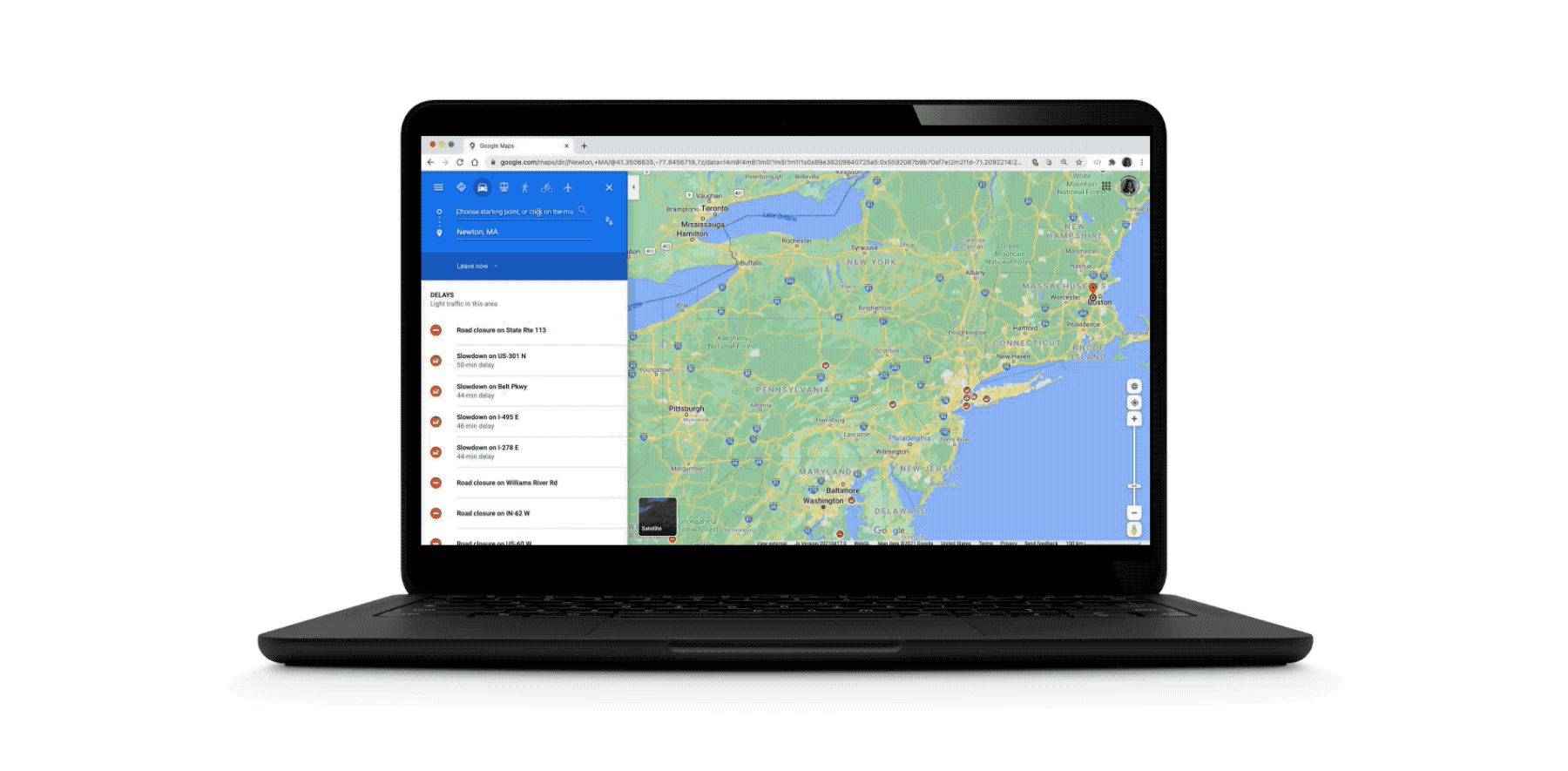 Animation showing road trip planning features on Google Maps