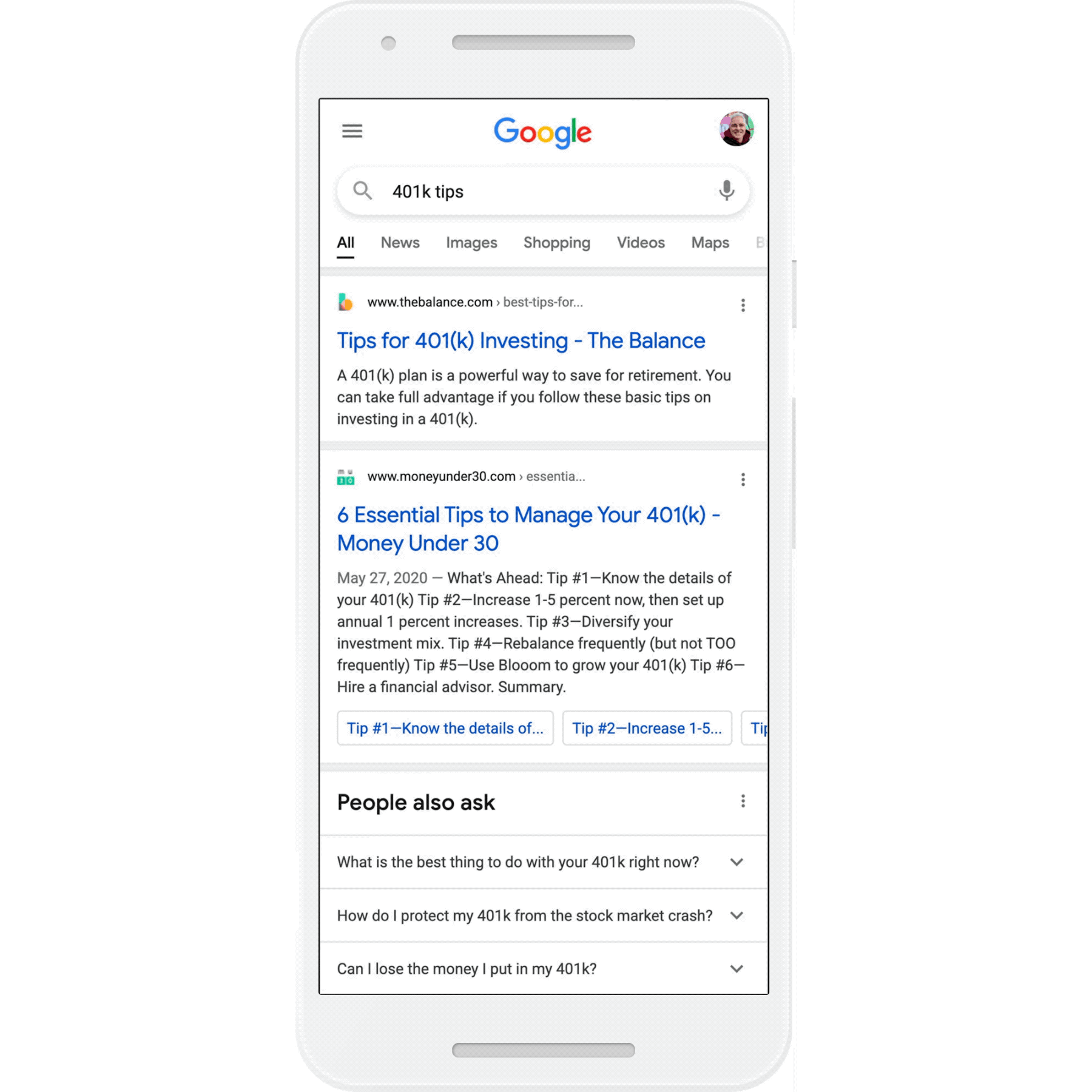 Demostración del funcionamiento del nuevo menú en las búsquedas de Google.