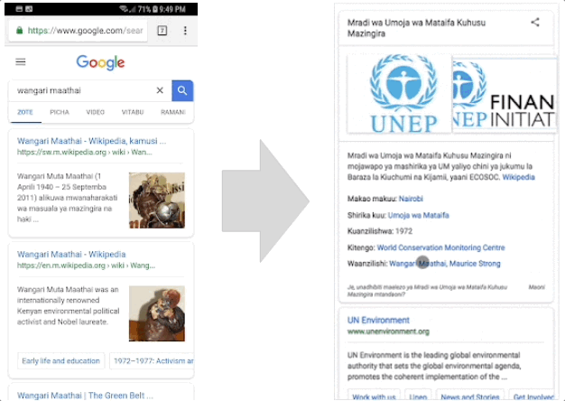 The image on the right hand side shows you the new search experience pulling information from the Knowledge Graph