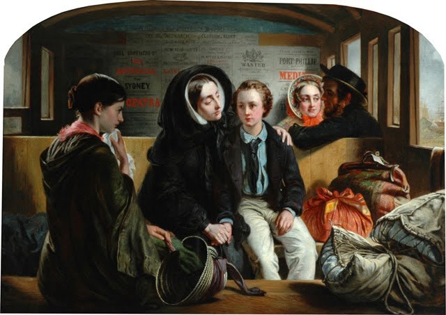 1855 oil painting of a mournful family parting inside a second-class train carriage, surrounded by luggage and vintage advertisements.