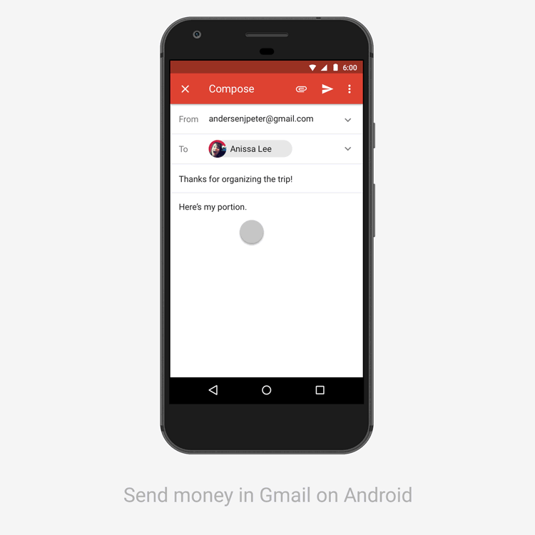 L'applicazione ufficiale di Gmail per Android consente di inviare somme di denaro