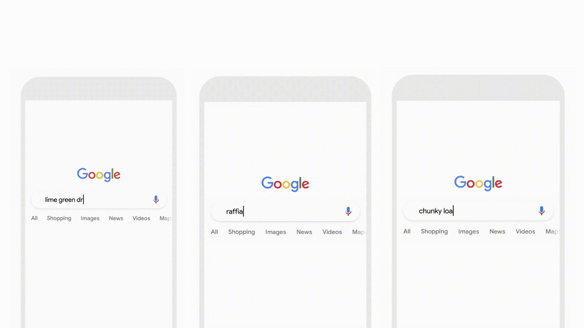 Phone screens show animations of a Google search for various clothing items with visual scrolling results