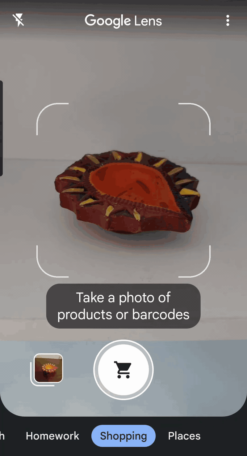 A gif showing Google Lens to capture a photo of a Diya. After which Lens show results for similar items and shop it online