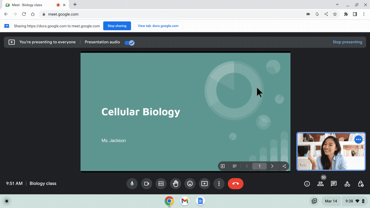 Gif of a teacher using speaker notes alongside a presentation titled “Cellular Biology.”