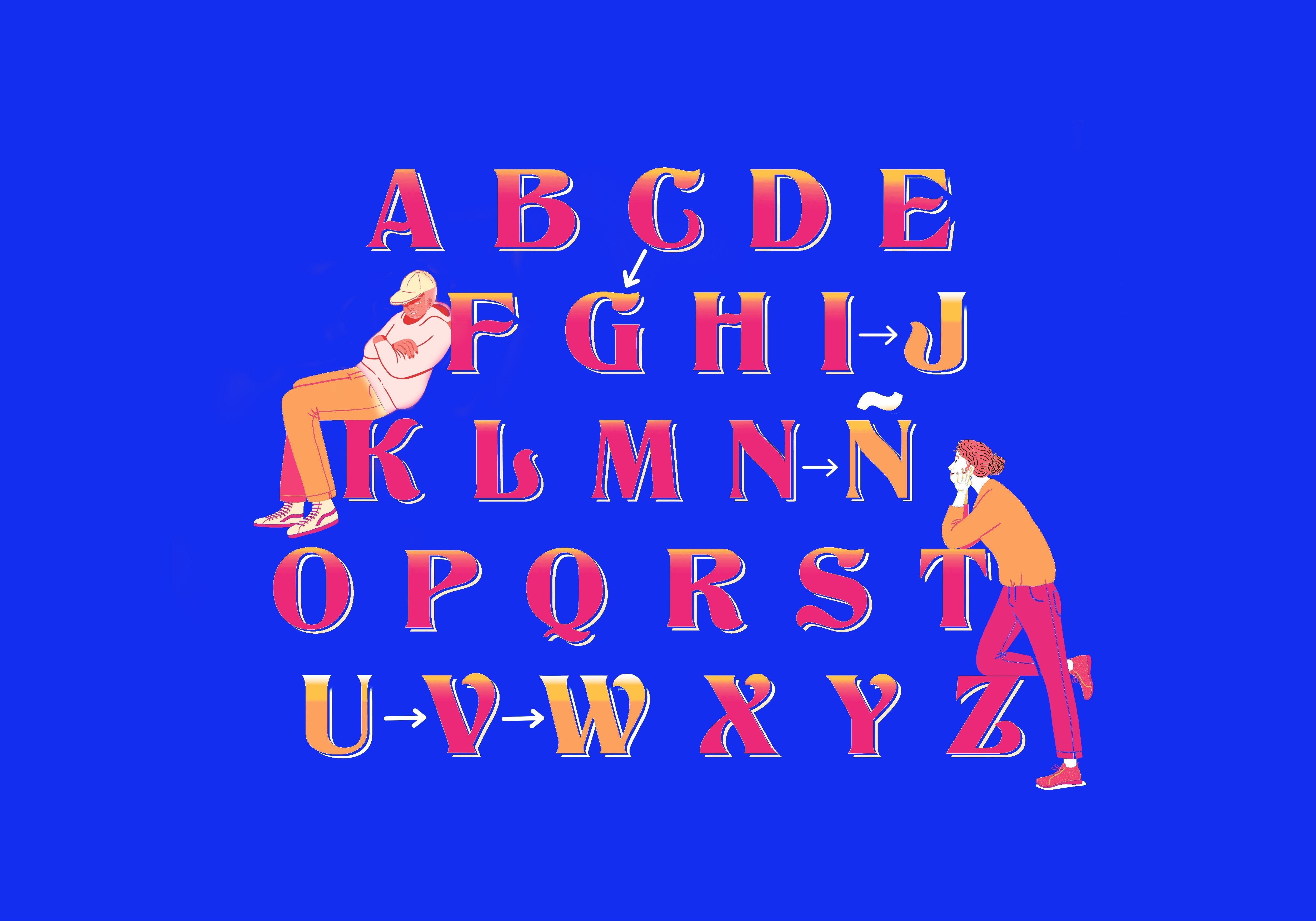Illustrated Spanish alphabet in pink, blue and yellow tones. Two figures appear leaning on the letters and the new letters that were created from Latin are highlighted.