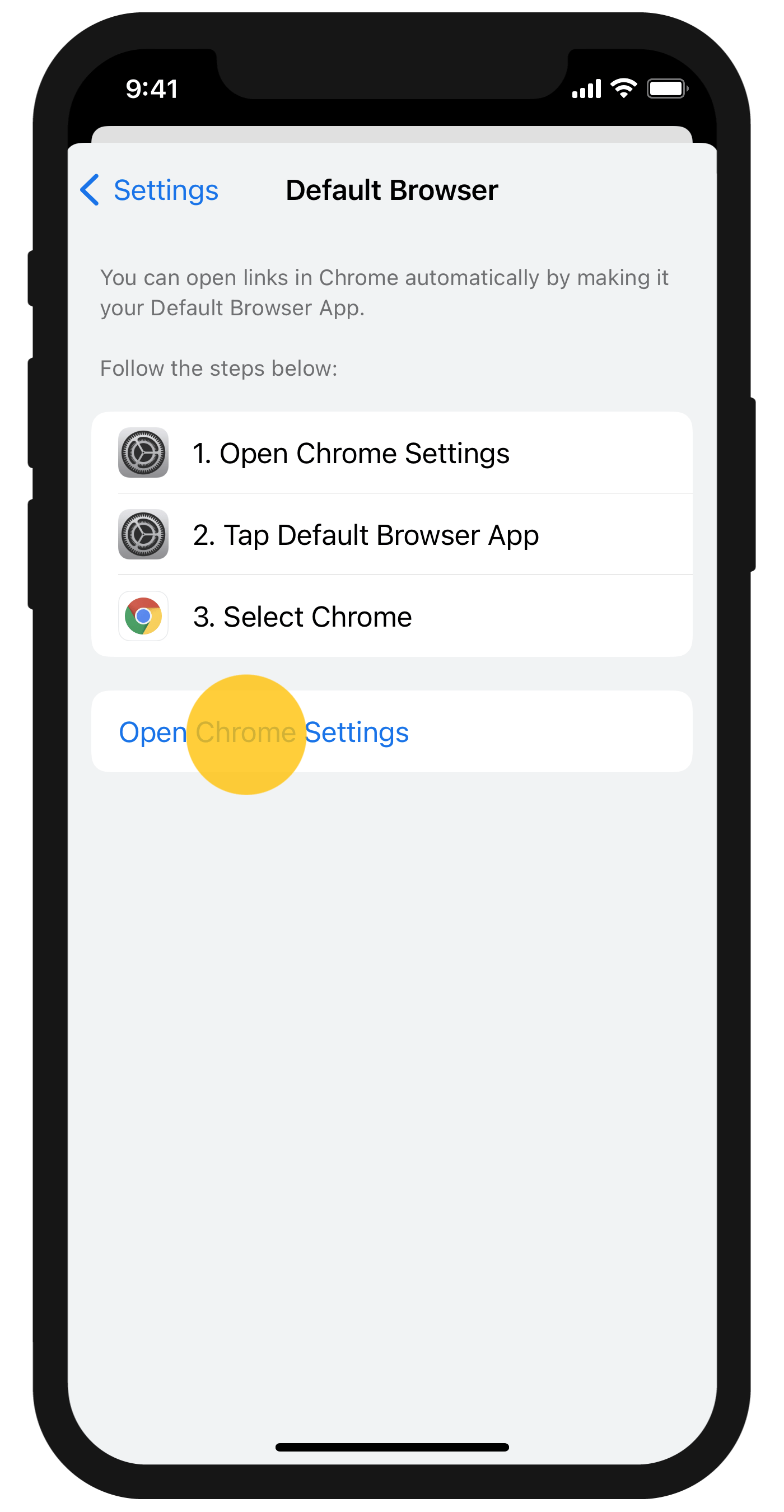 Image of Chrome app on iPhone with "Open Chrome Settings" being selected.