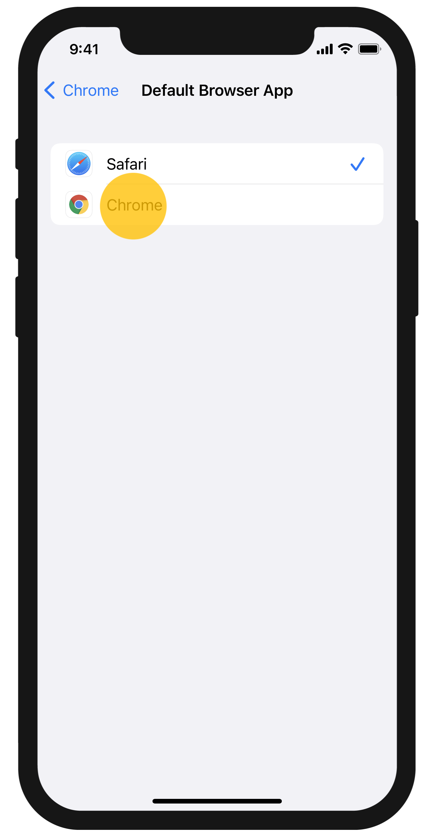 Image of Chrome app on iPhone with "Chrome" being selected.