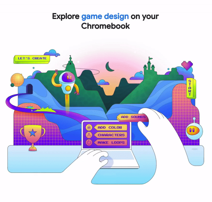 A GIF scrolls through the new issue titled “Explore game design on your Chromebook”. It shows a round up of educational apps and games, and has a video with came creator Jesse Schell.