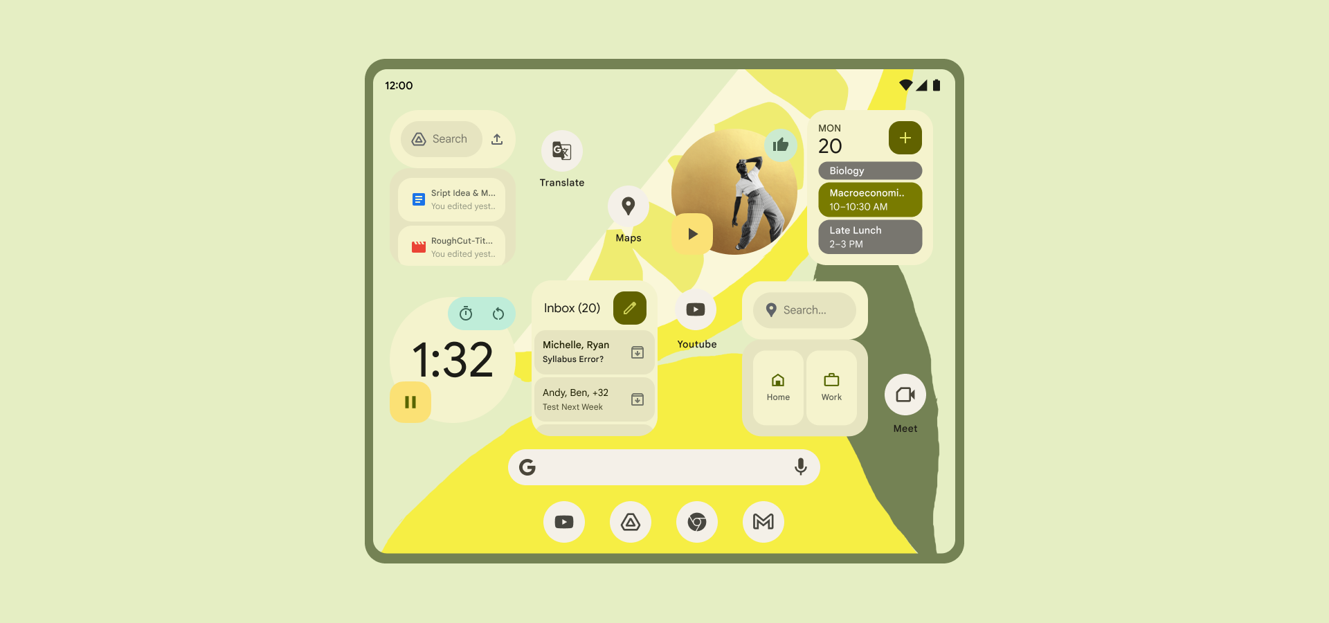 An Android tablet with a light green and yellow wallpaper shows a collection of widgets organized in a unique way. The widgets include Google Drive, Gmail, YouTube Music and Calendar.