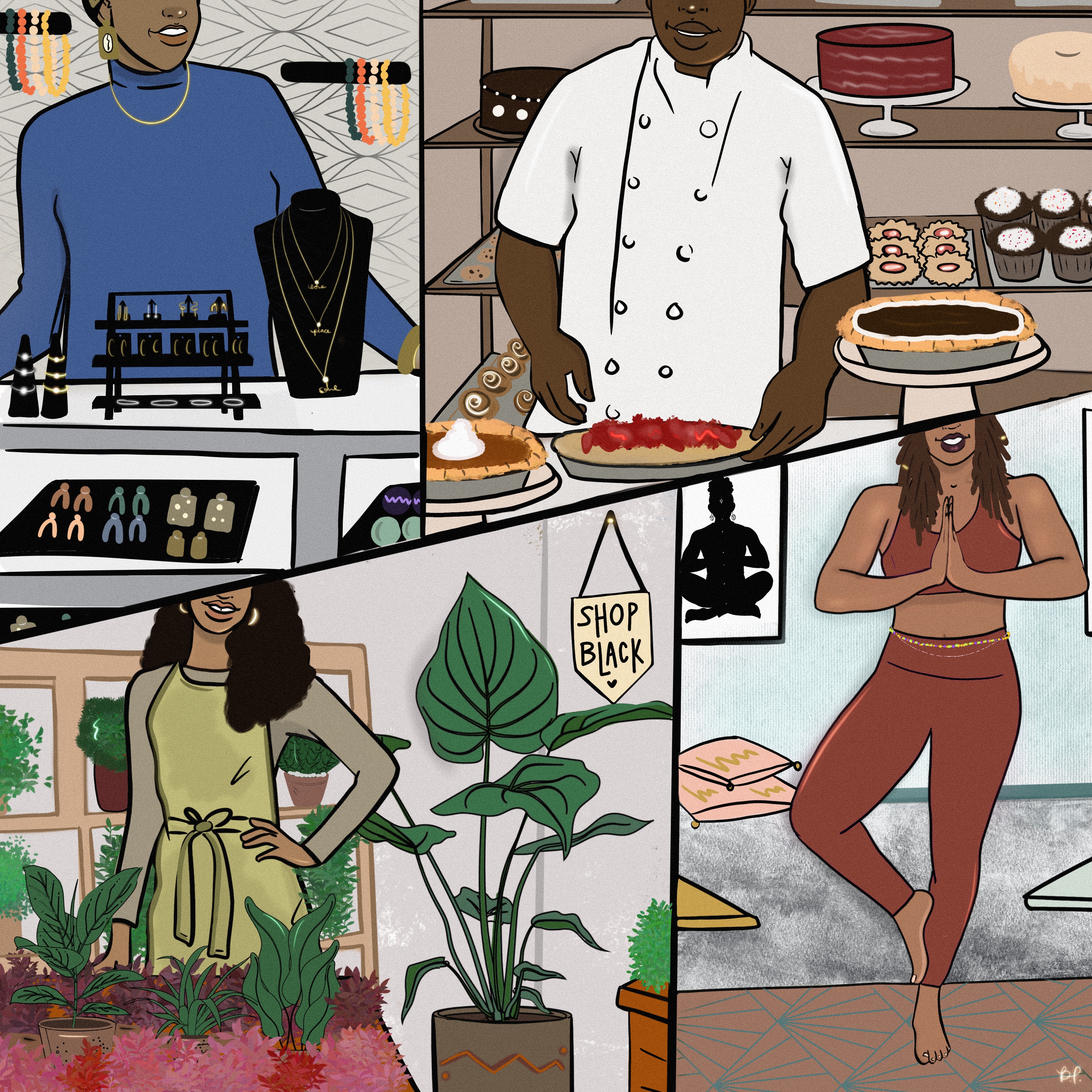 An illustration featuring four Black business owners: A jeweler, a chef, a plant store owner and a yoga instructor.