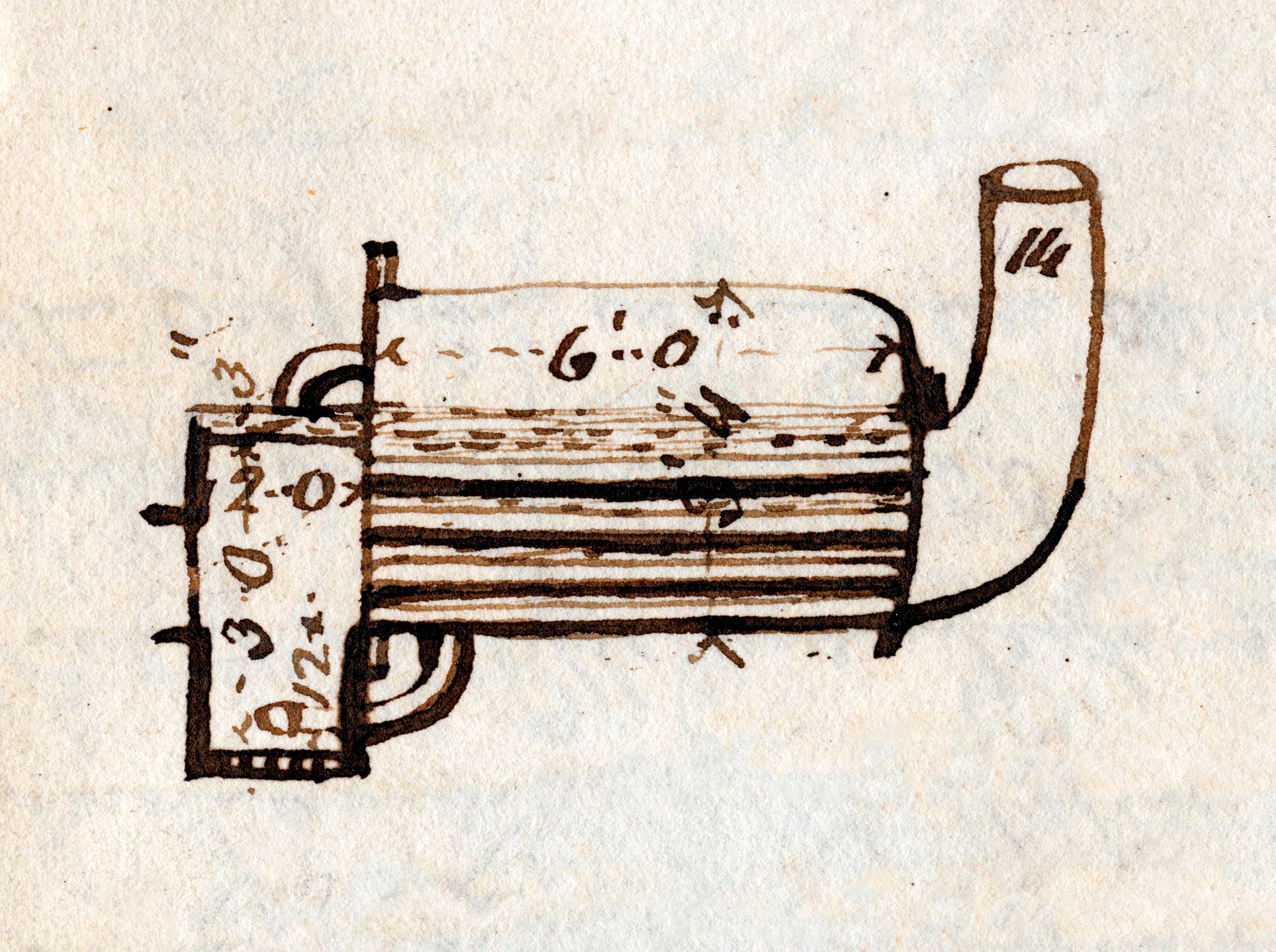 Hand-drawn ink sketch from 1829 of a horizontal, cylindrical steam boiler with internal fire tubes and a curved chimney, annotated with dimensions in feet and inches.