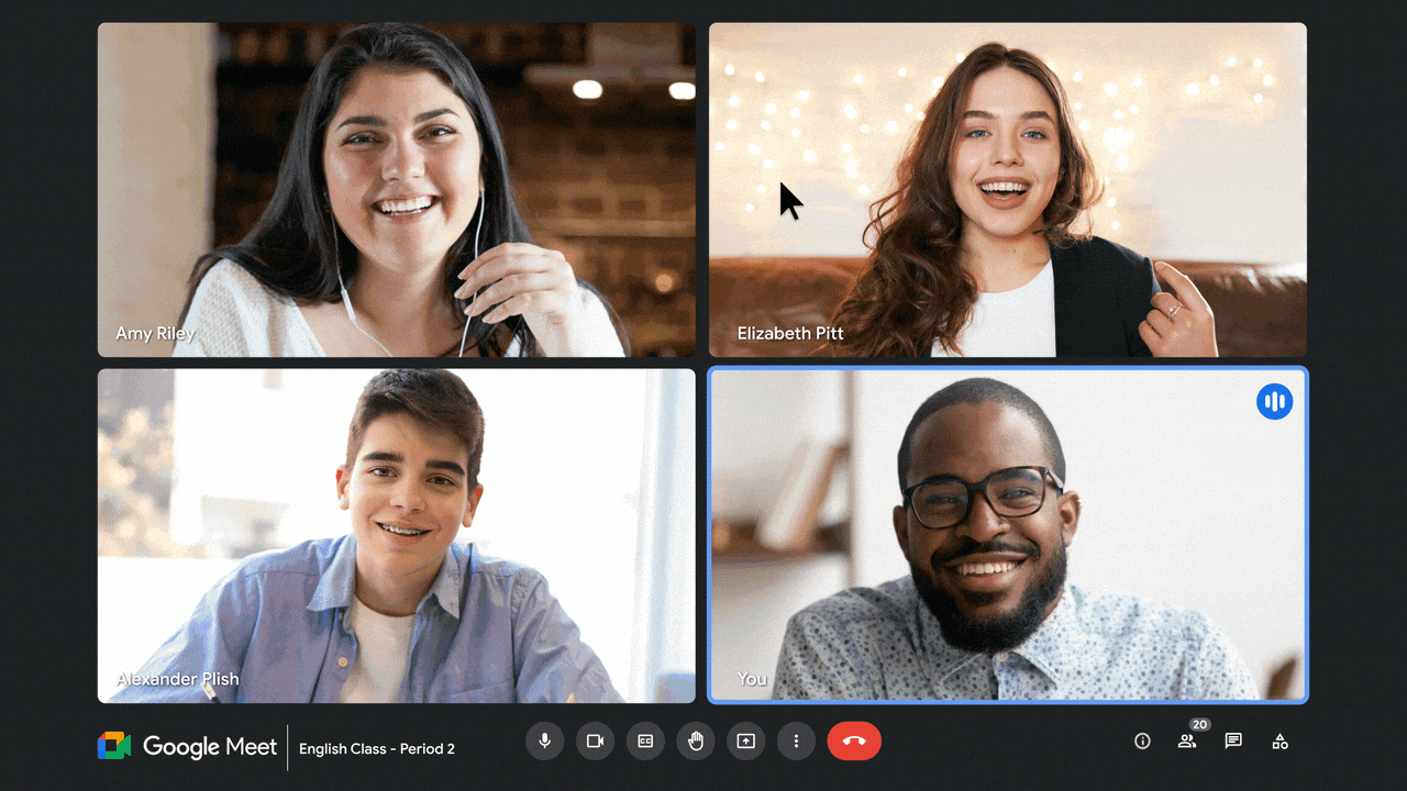 Gif showing a person speaking in Google Meet. Their cursor clicks on the people panel and they pair their tile with other participant’s so when they talk both tiles are highlighted. Then they turn on closed captions.