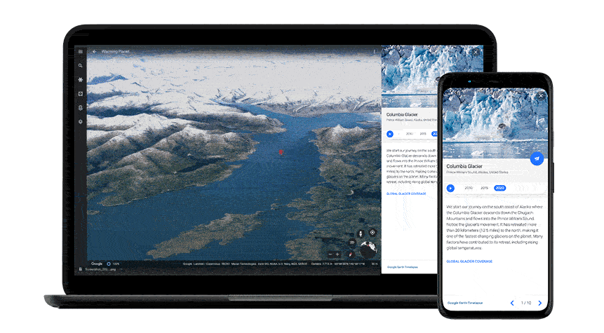 A phone and computer screen with a Timelapse showing the Columbia Glacier in Alaska retreat over time.