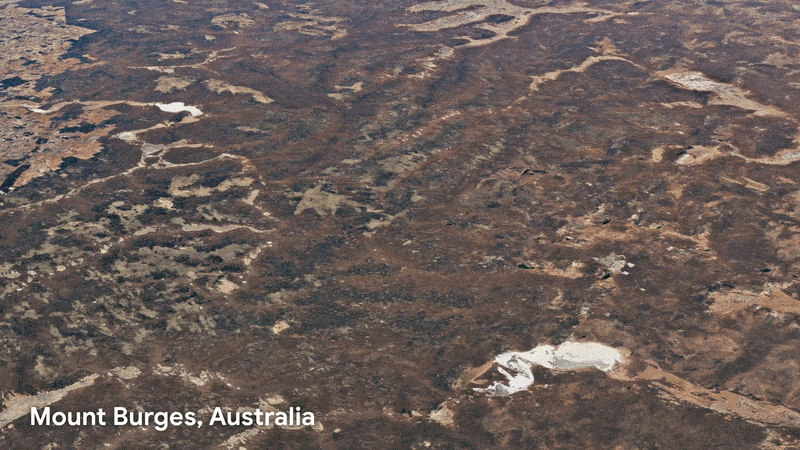 GIF przedstawiający planetę Ziemię. Planeta obraca się, a obraz zmienia się na zdjęcia satelitarne: Mount Burges w Australii; następnie Merida w Meksyku; następnie Mato Grosso w Brazylii; i wreszcie Morze Aralskie między Kazachstanem a Uzbekistanem.
