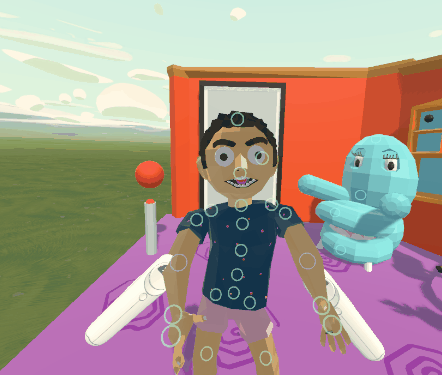 Two on-screen VR controllers pose a 3D rendering of a cartoon man.