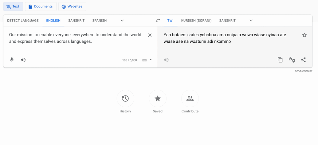 The Google Translate bar translates the phrase "Our mission: to enable everyone, everywhere to understand the world and express themselves across languages" into different languages.