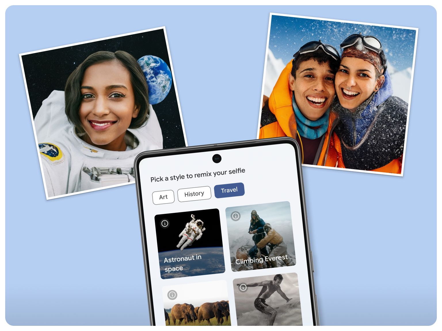 UI of Art Selfie 2 feature shows travel inspired styles and remixed selfies