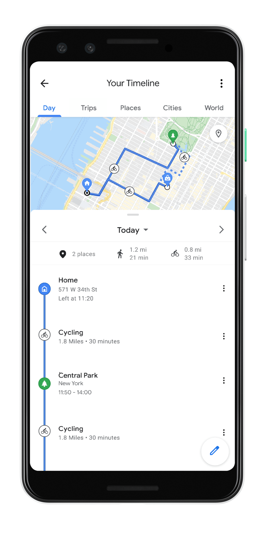 In Google Maps, tap on the Trips tab on your Timeline to see trips recently taken. Tap on the first one to France and scroll through places you've visited and destinations you've been to.