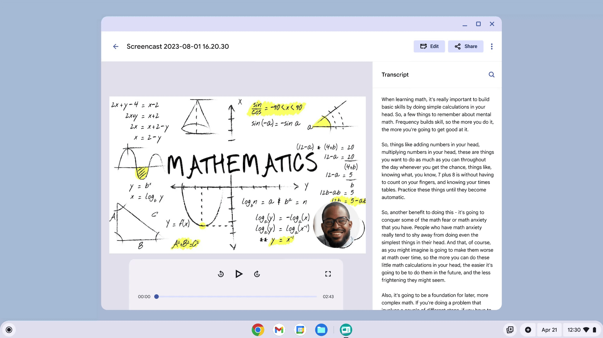 An animated gif showing the screen cast app editing a video about mathematics.