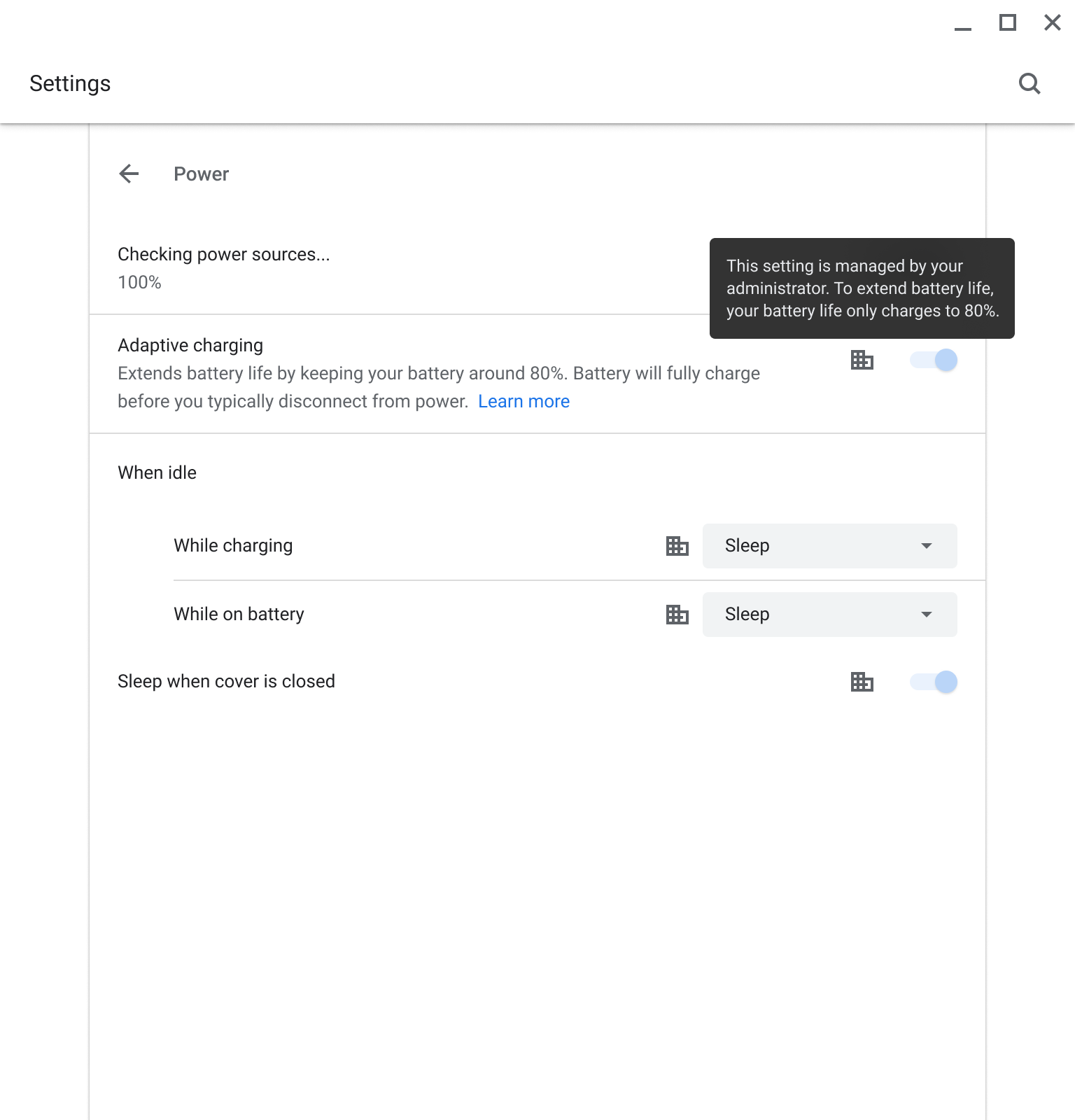 Settings on Chromebook showing adaptive charging