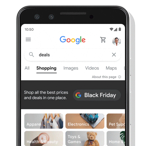 Animated GIF showing the deals feed on Google Shopping.