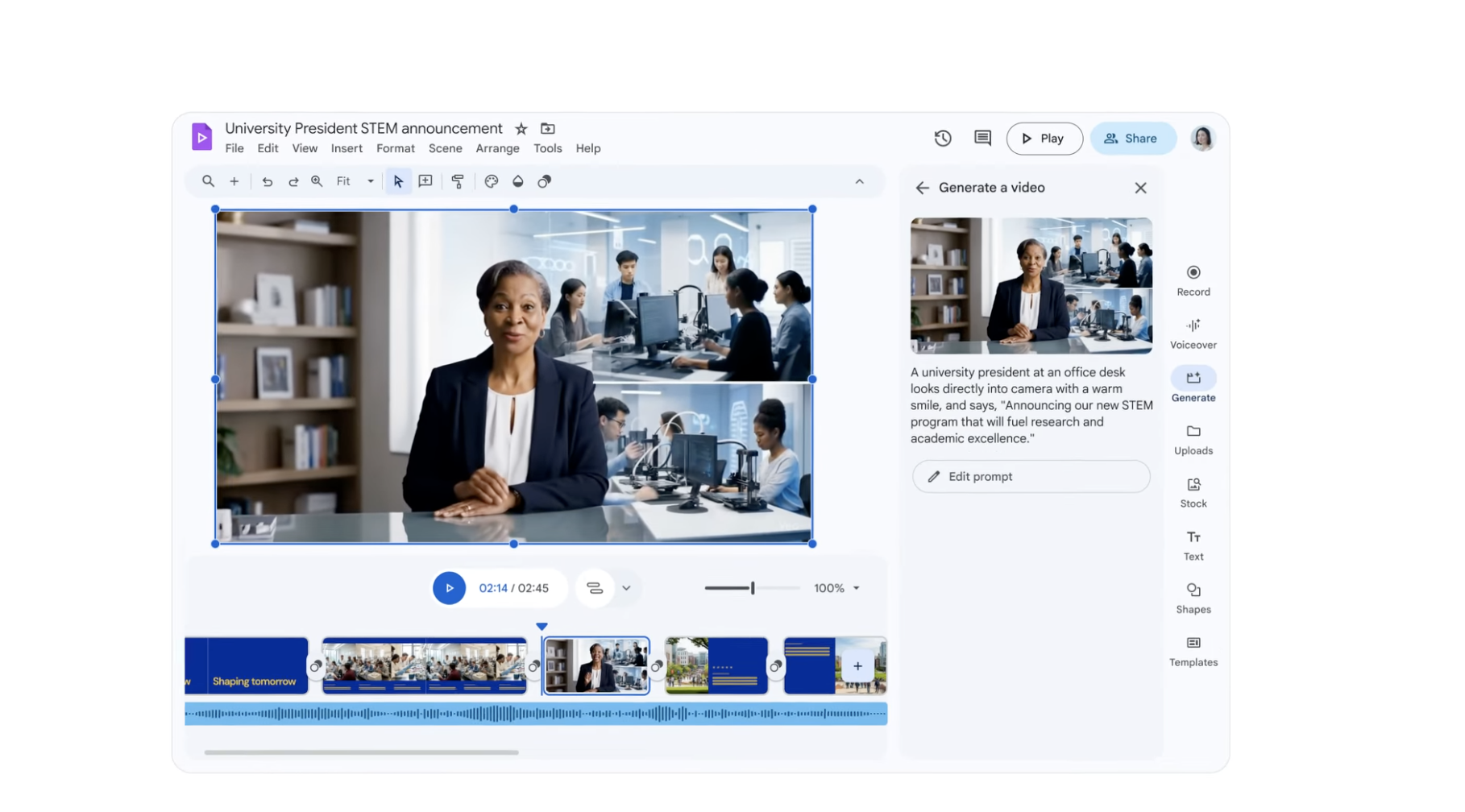 The image shows a video editing interface with a large preview of a university president speaking at a desk. Below is a video timeline with an audio waveform, indicating editing progress. On the right, a sidebar displays options to "Generate a video" along with a text prompt that describes the president announcing a new STEM program.