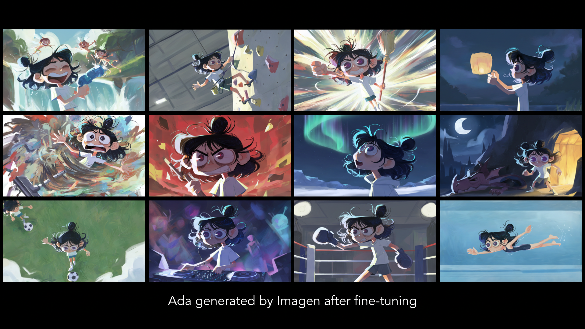 A grid of twelve colorful painterly images of Ada in a variety of situations: swimming, rock climbing, boxing, playing soccer, DJing, playing with kids in a waterfall, gazing in wonder at the aurora in an arctic landscape, and more.