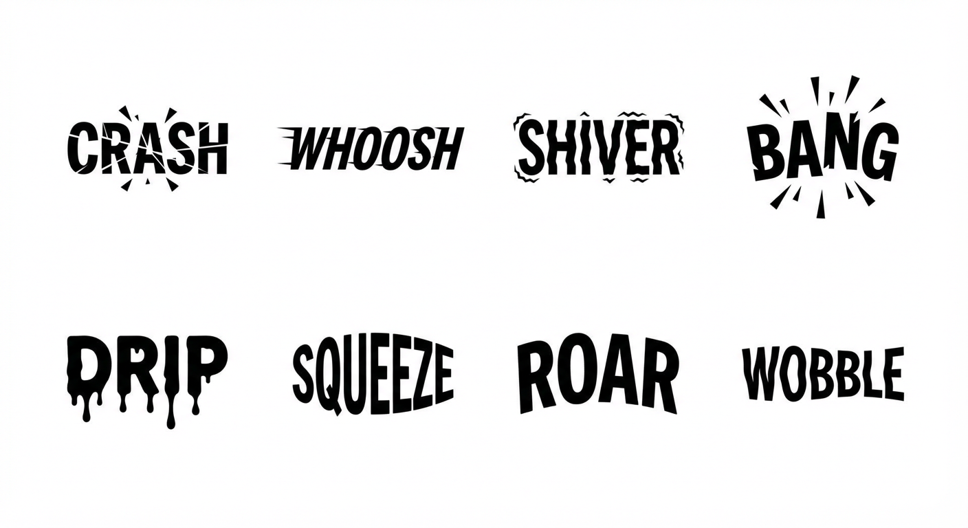Crash, whoosh, shiver, bang, drip, squeeze, roar, wobble in stylized fonts
