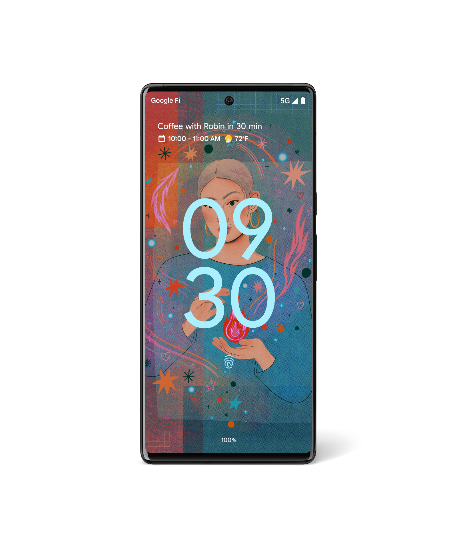 Image showing a rendition of a Pixel with a colorful wallpaper on the screen.