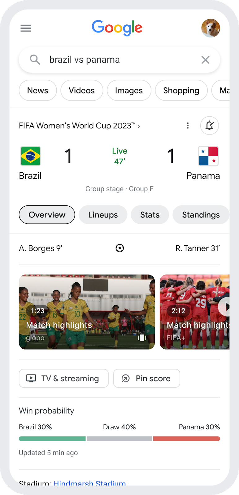 Captura de tela do resultado da Busca para o jogo de Brasil vs Panamá, mostrando o placar empatado, os destaques da partida e a probabilidade de vitória do jogo
