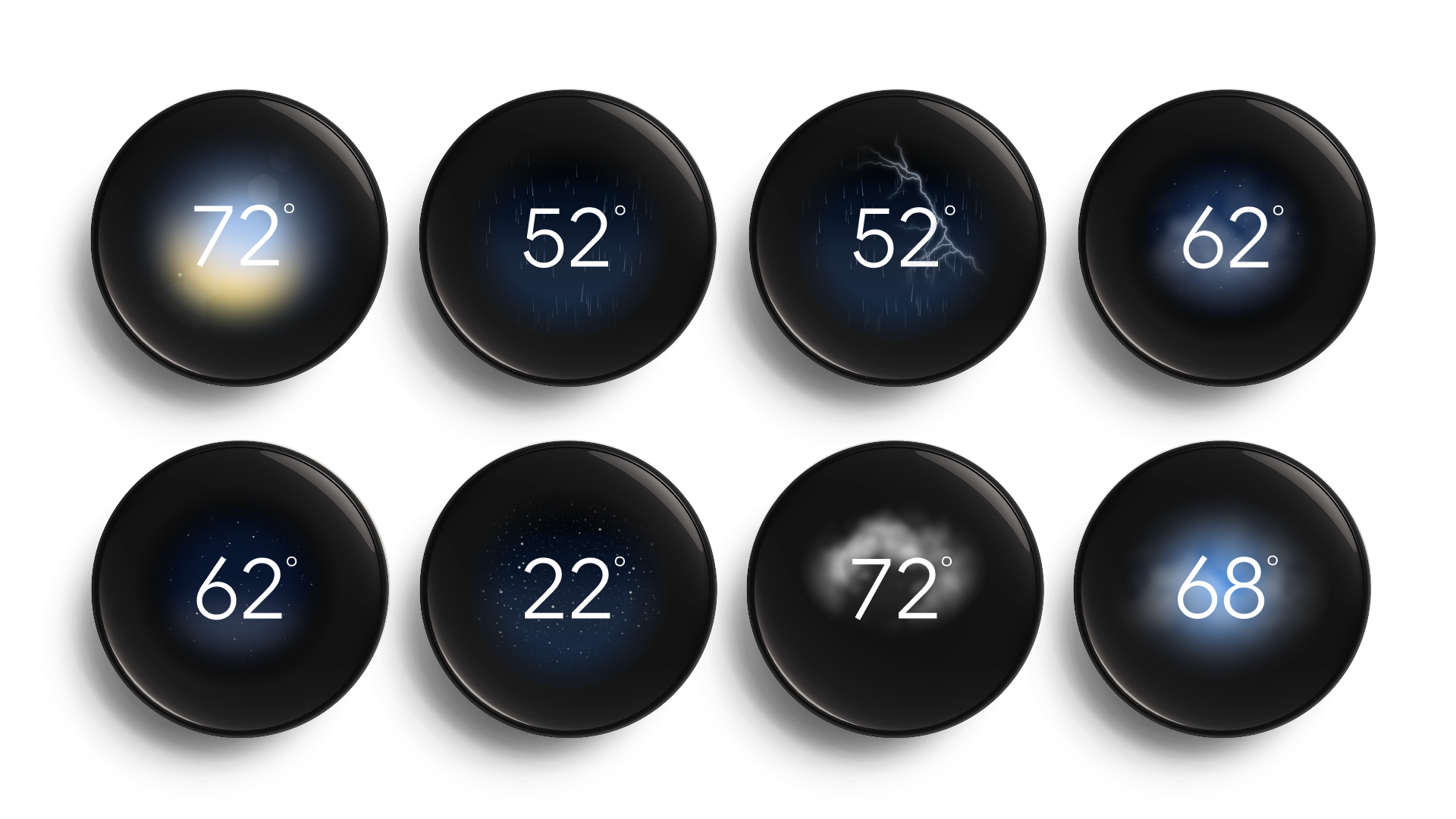 Eight Nest Learning Thermostat (4th Gen), showing different temperatures and weather.
