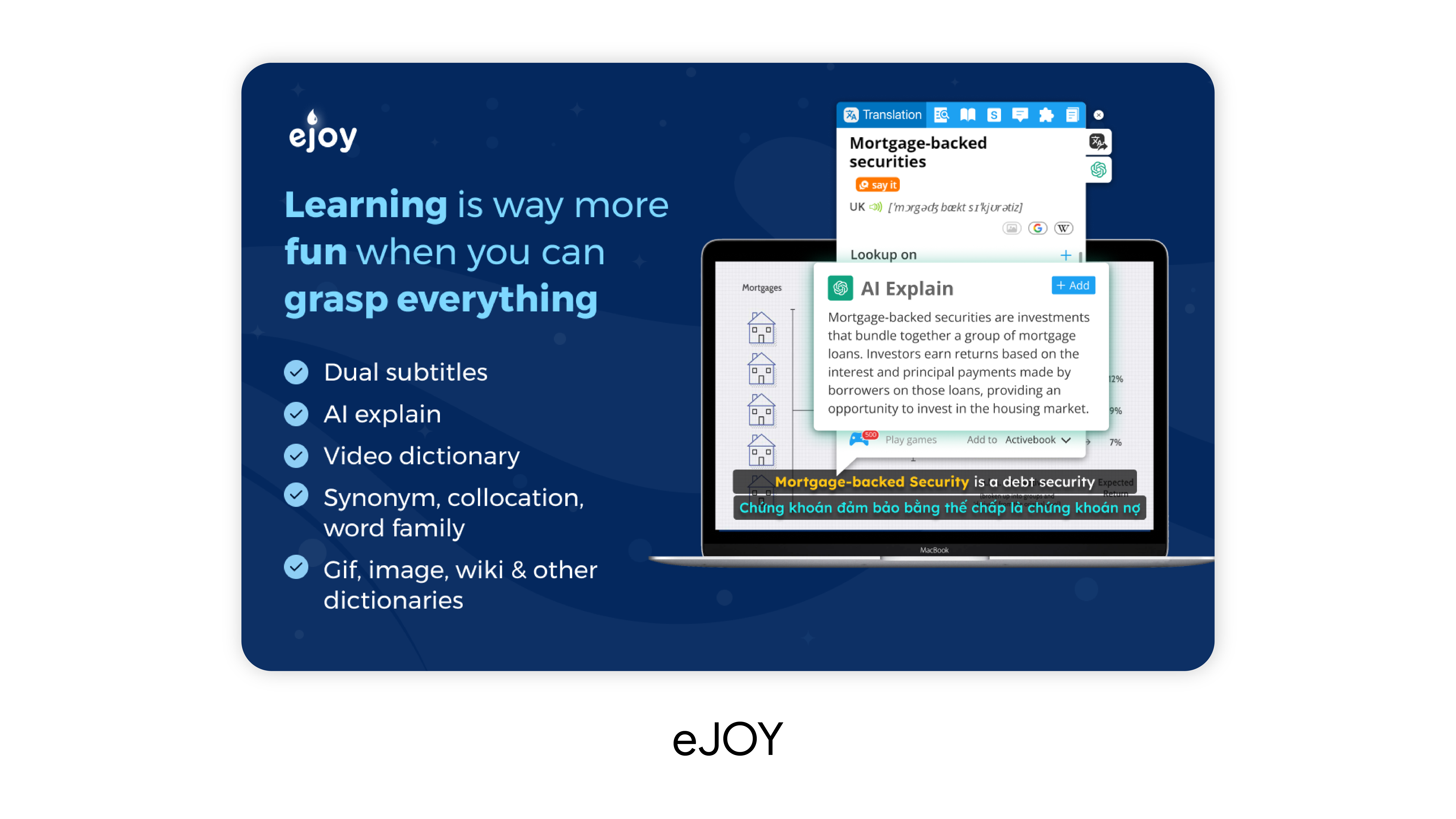 Image listing eJOY’s features, including dual subtitles, AI explain, video dictionary and more.
